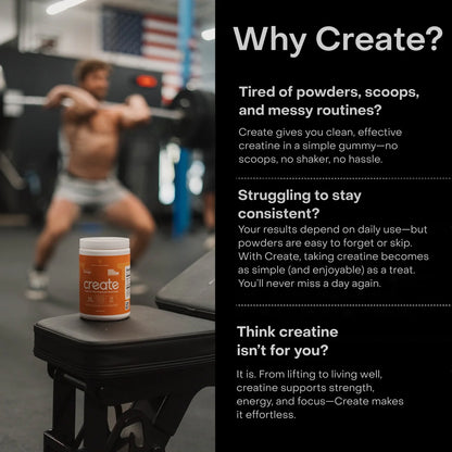 Create Creatine Gummies – 1.5G Creatine Monohydrate per Gummy, Boost Strength & Focus, Orange, 90 Ct