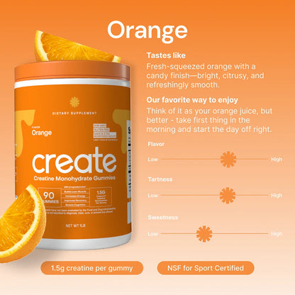 Create Creatine Gummies – 1.5G Creatine Monohydrate per Gummy, Boost Strength & Focus, Orange, 90 Ct